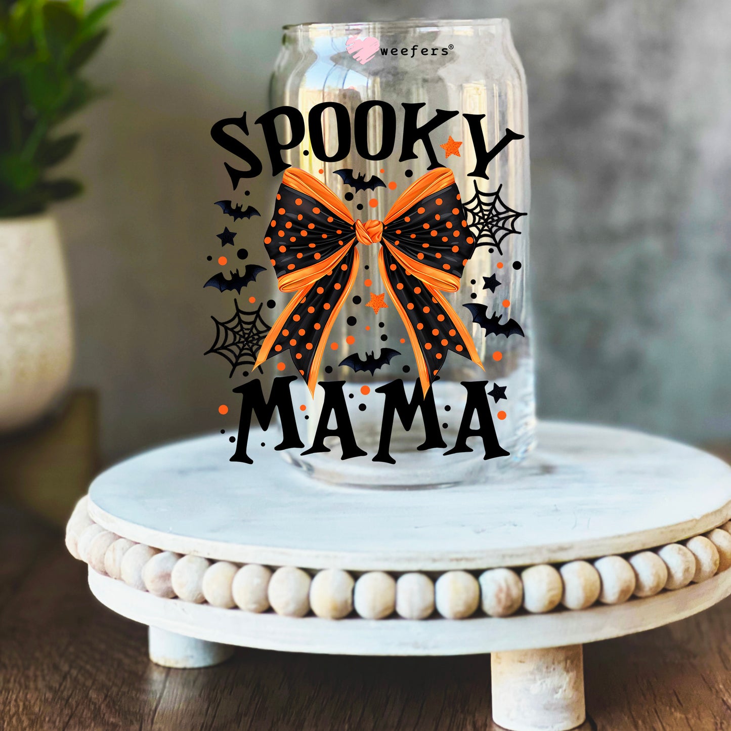 Spooky Mama Bow 16oz Libbey Glass Can UV DTF Decal Transfer - Weefers