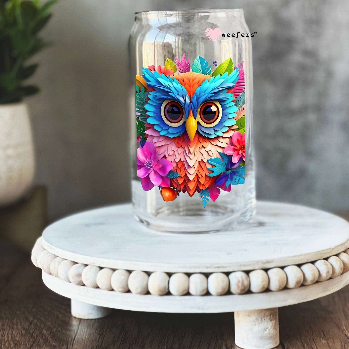 3D Owl Floral 16oz Libbey Glass Can UV DTF or Sublimation Cup Wrap - Decal Transfer - Weefers