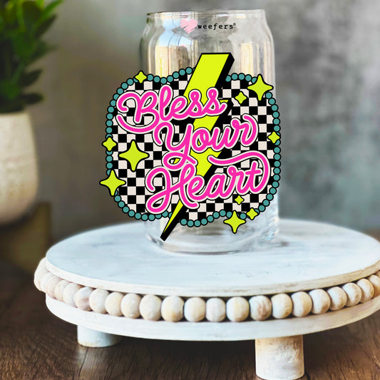 Bless Your Heart Yellow Checkered 16oz Libbey Glass Can UV DTF or Sublimation Wrap Decal Transfer - Weefers