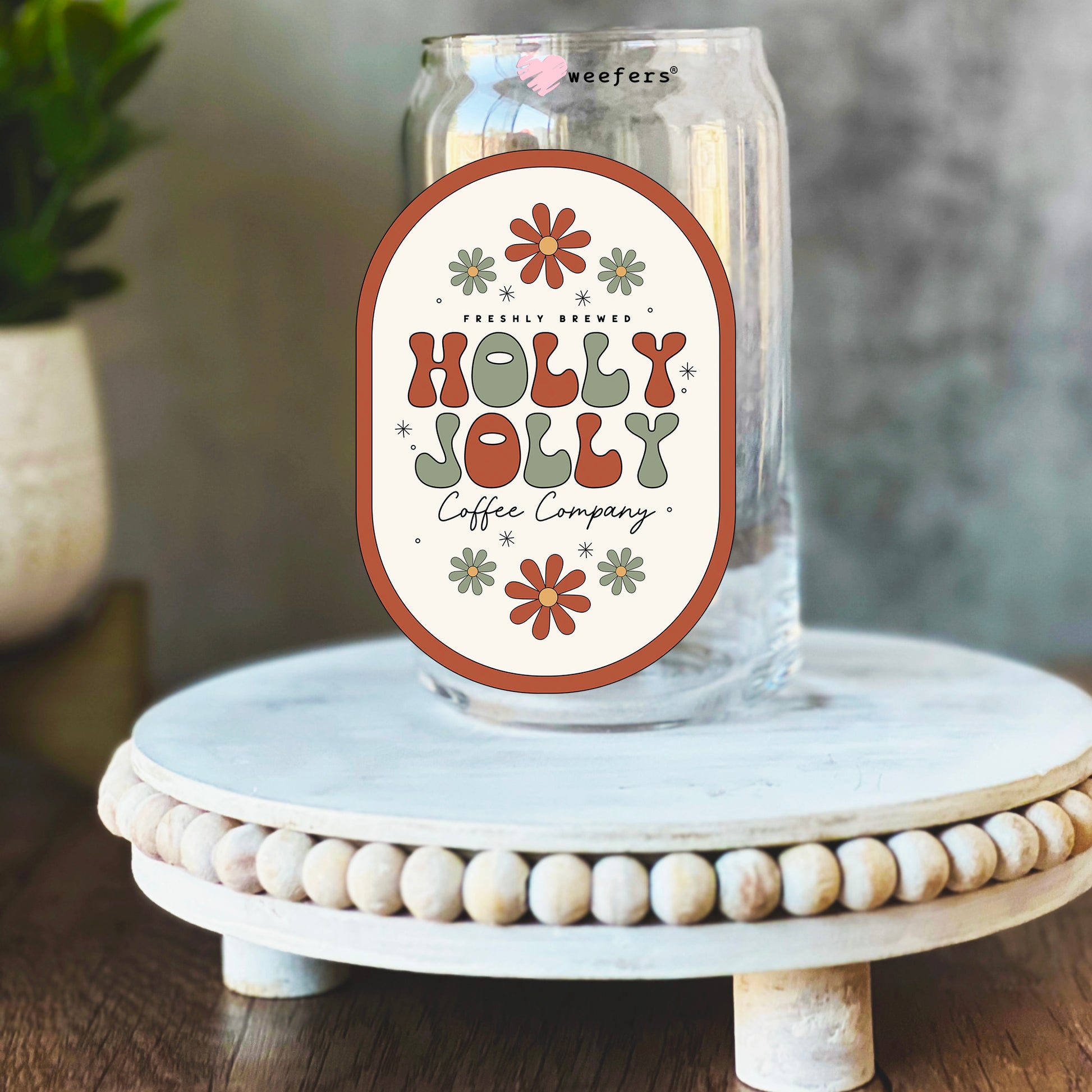 Red Outline Freshly Brewed Holly Jolly Coffee Company 16oz Libbey Glass Can UV DTF or Sublimation Wrap Decal Transfer - Weefers