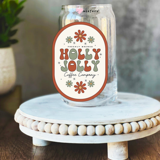 Red Outline Freshly Brewed Holly Jolly Coffee Company 16oz Libbey Glass Can UV DTF or Sublimation Wrap Decal Transfer - Weefers