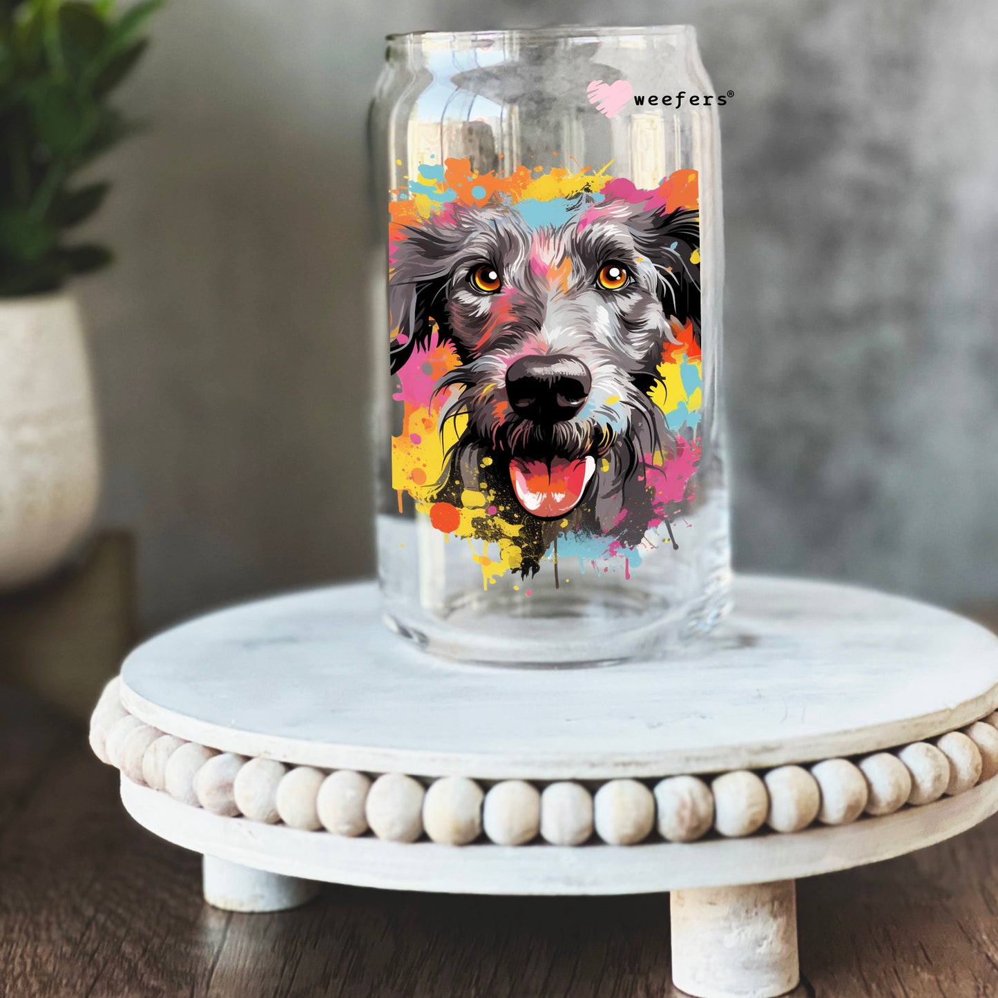 Scottish Deerhound Colorful Watercolor 16oz Libbey Glass Can UV DTF or Sublimation Wrap - Decal - Weefers