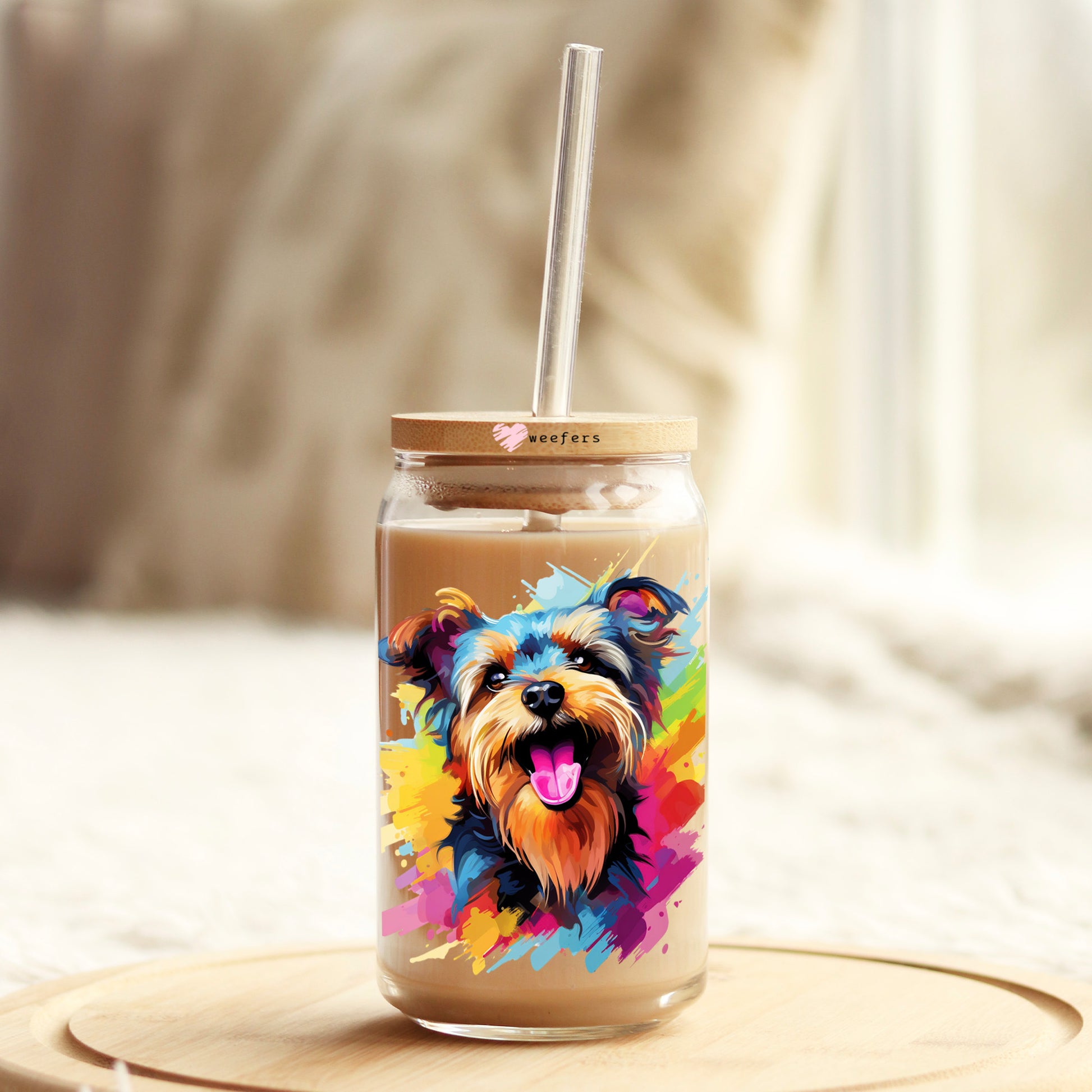 Yorkshire Terrier Colorful Watercolor 16oz Libbey Glass Can UV DTF or Sublimation Wrap - Decal - Weefers