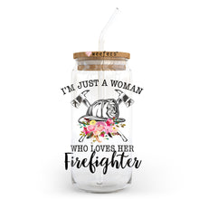 Load image into Gallery viewer, I&#39;m Just a Woman Who Loves Her Firefighter 20oz Libbey Glass Can, 34oz Hip Sip, 40oz Tumbler, 24oz Cold Cup UVDTF or Sublimation Decal Transfer
