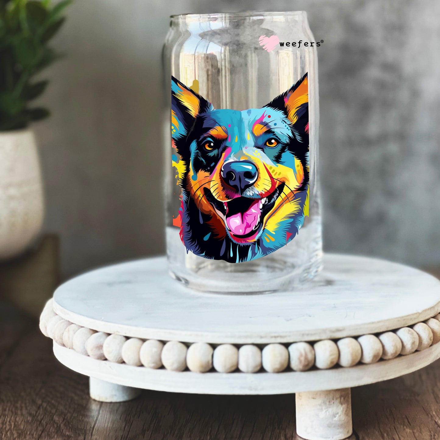 Australian Cattle Dog Colorful Watercolor 16oz Libbey Glass Can UV DTF or Sublimation Wrap - Decal - Weefers