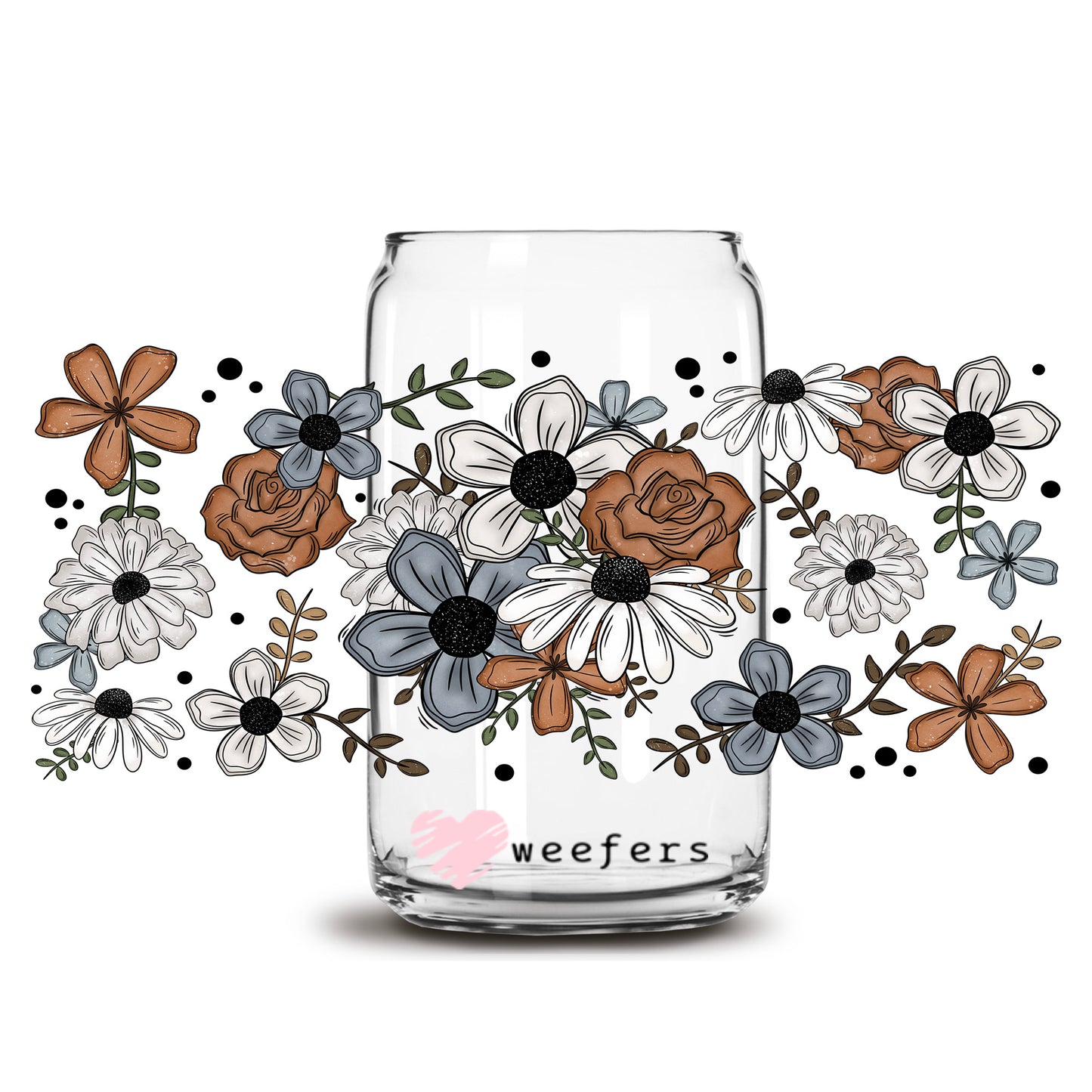 Grey White Rust Florals 16oz Libbey Glass Can UV DTF or Sublimation Wrap Decal Transfer - Weefers