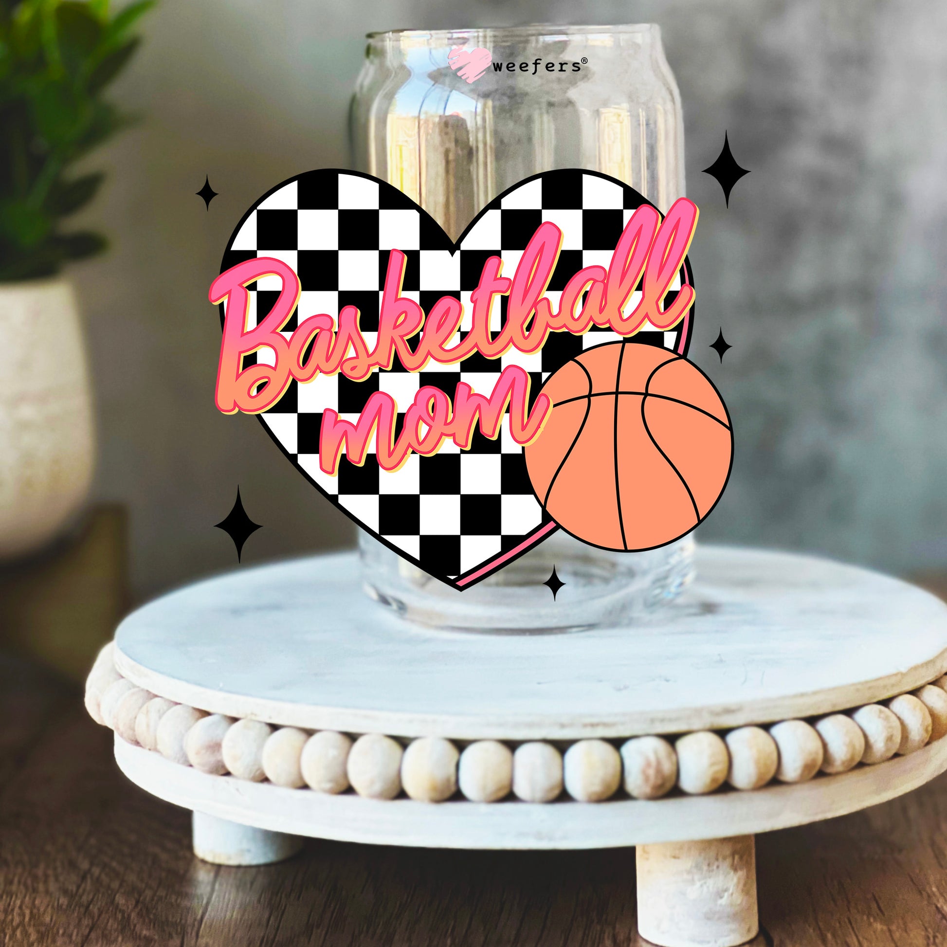 Basketball Mom Black Checkers 16oz Libbey Glass Can UV DTF or Sublimation Wrap Decal Transfer - Weefers