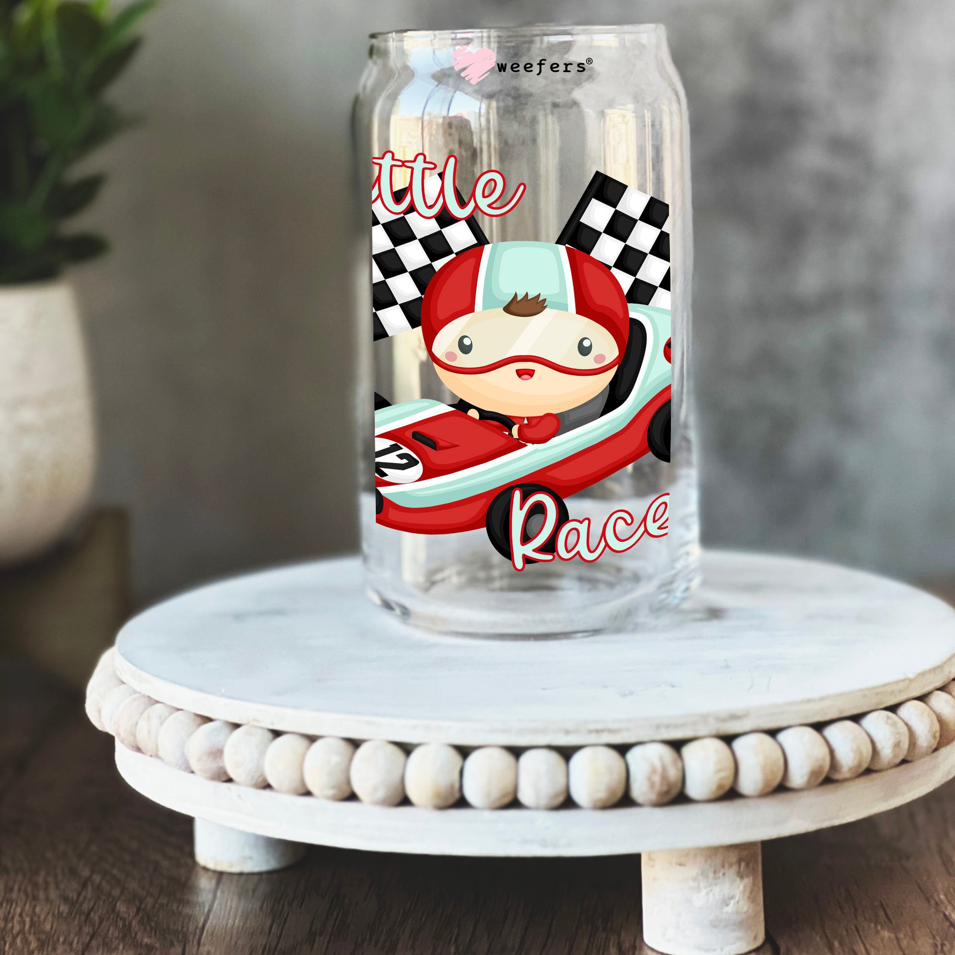 Little Racer Racecar 16oz Libbey Glass Can UV DTF or Sublimation Wrap - Decal Transfer - Weefers