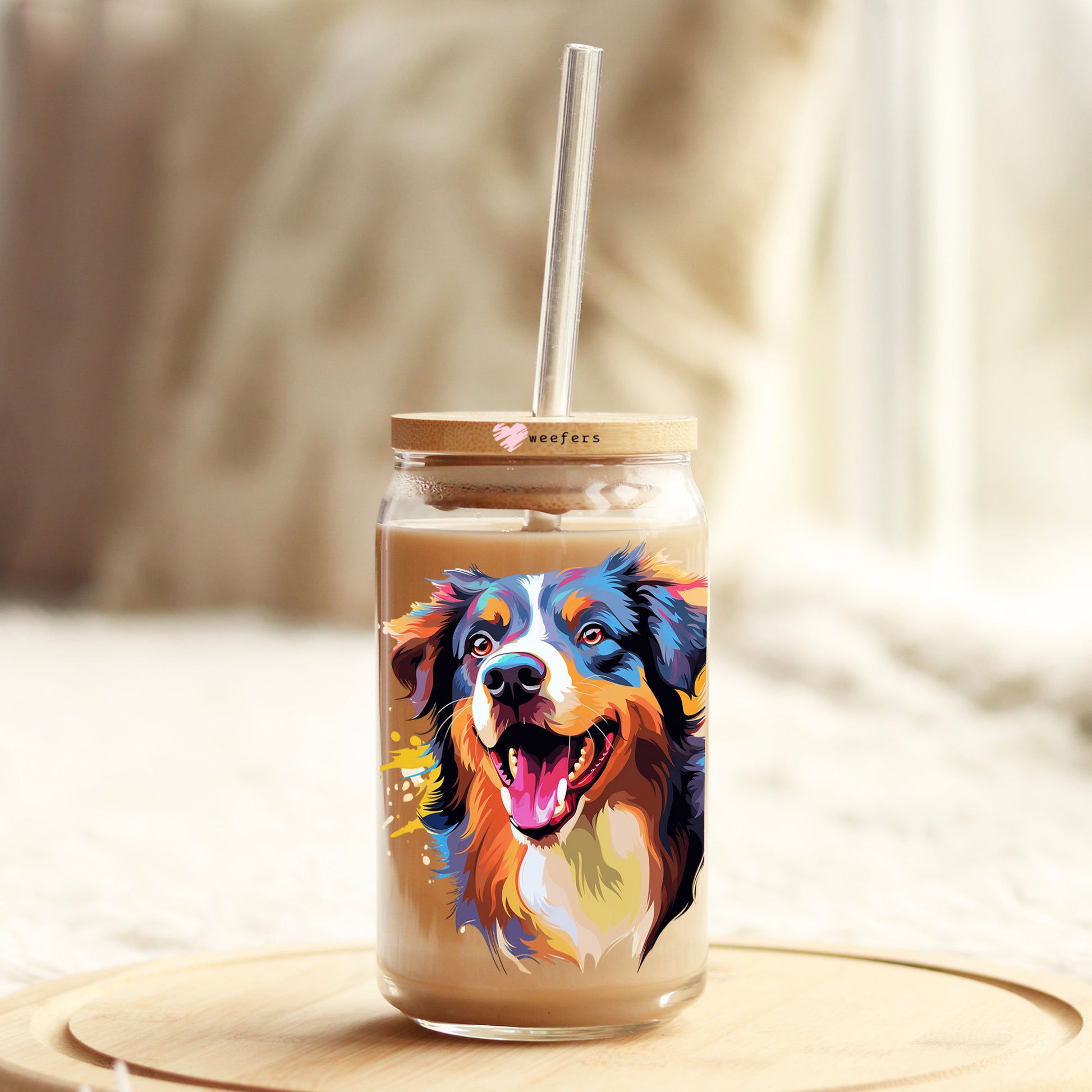 Australian Shepherd Colorful Watercolor 16oz Libbey Glass Can UV DTF or Sublimation Wrap - Decal - Weefers