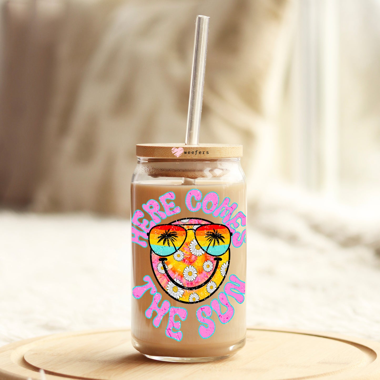 Here Comes the Sun 16oz Libbey Glass Can UV DTF or Sublimation Decal Transfer - Weefers