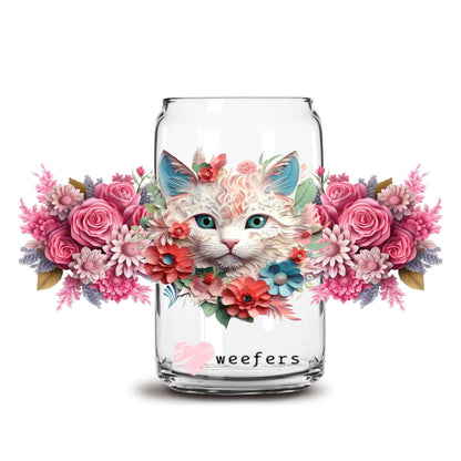 3D Flower Cat 16oz Libbey Glass Can UV DTF or Sublimation Wrap - Transfer - Weefers