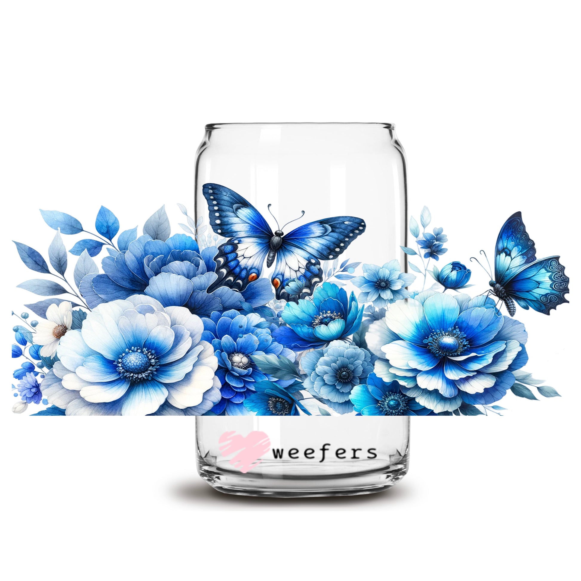 Blue Flowers and Butterflies 16oz Libbey Glass Can UV DTF or Sublimation Wrap Decal Transfer - Weefers