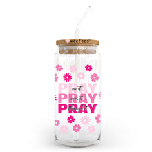 Load image into Gallery viewer, a glass jar with a straw in it that says pray pray pray
