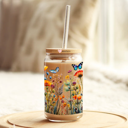 Wild Flower Butterflies 16oz Libbey Glass Can UV DTF or Sublimation Wrap - Transfer - Weefers