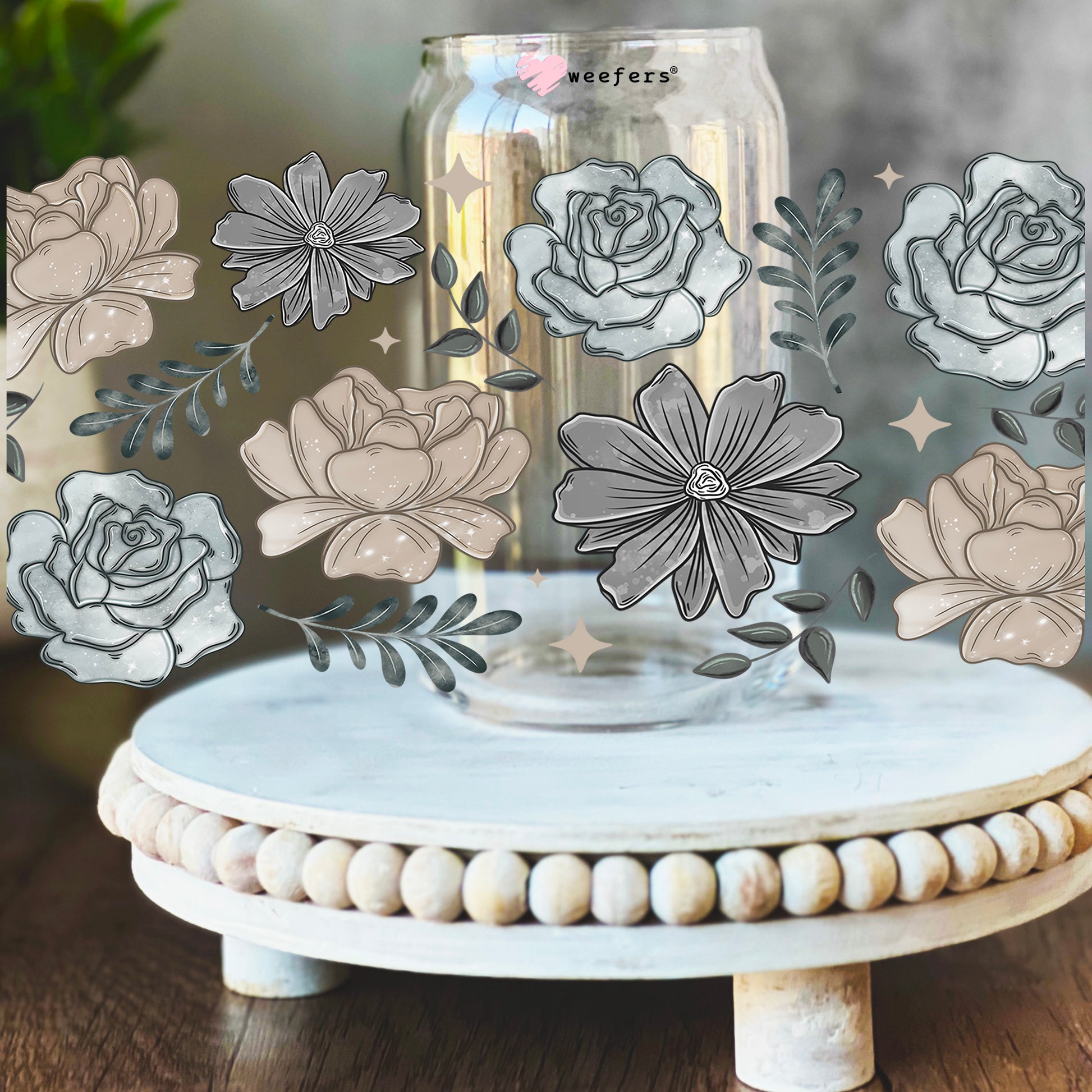 Greys and Beige Flowers 16oz Libbey Glass Can UV DTF Decal Transfer - Weefers