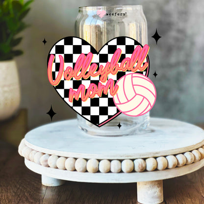 Volleyball Mom Black Checkers 16oz Libbey Glass Can UV DTF or Sublimation Wrap Decal Transfer - Weefers