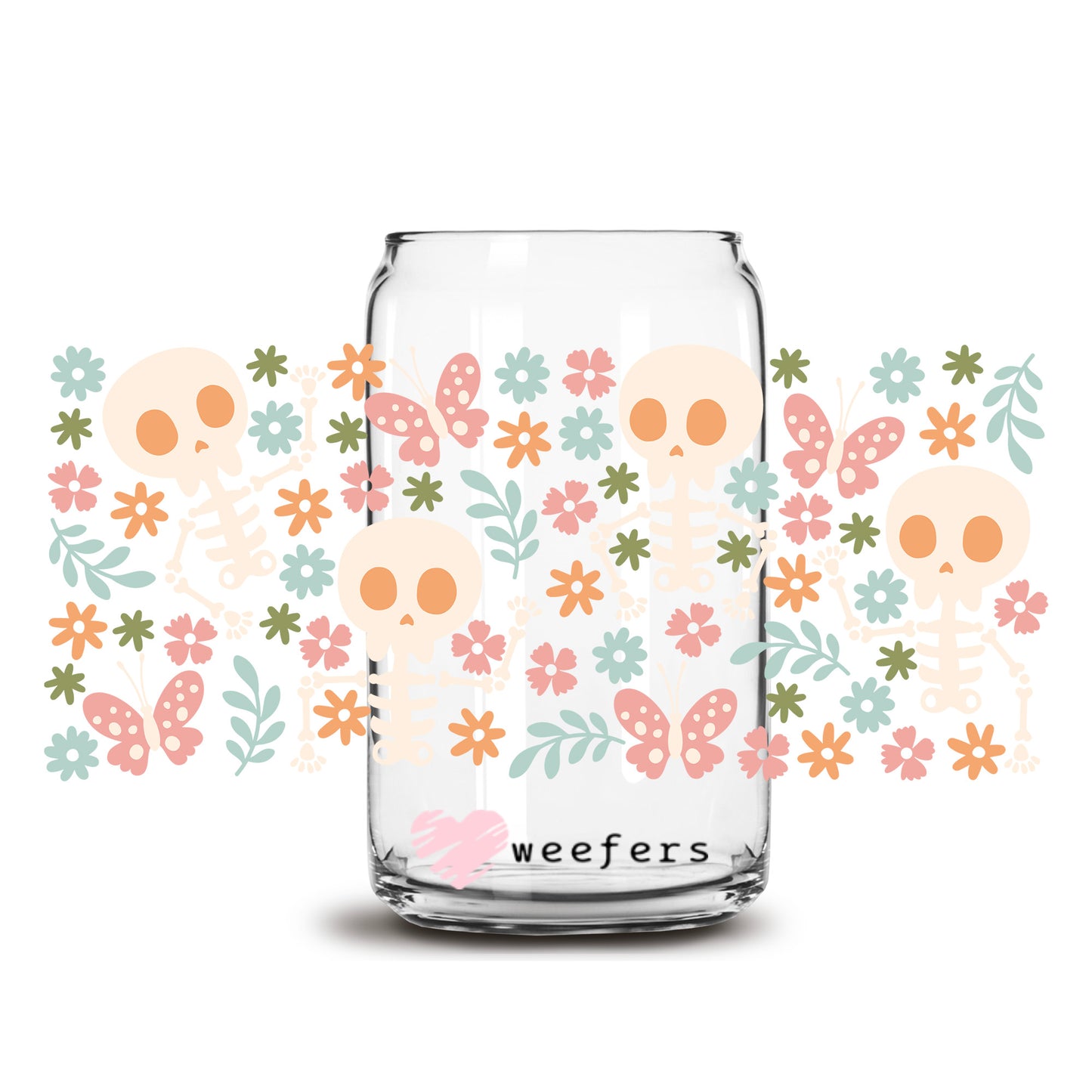 Skeletons With Flowers 16oz Libbey Glass Can UV DTF or Sublimation Wrap Decal Transfer - Weefers