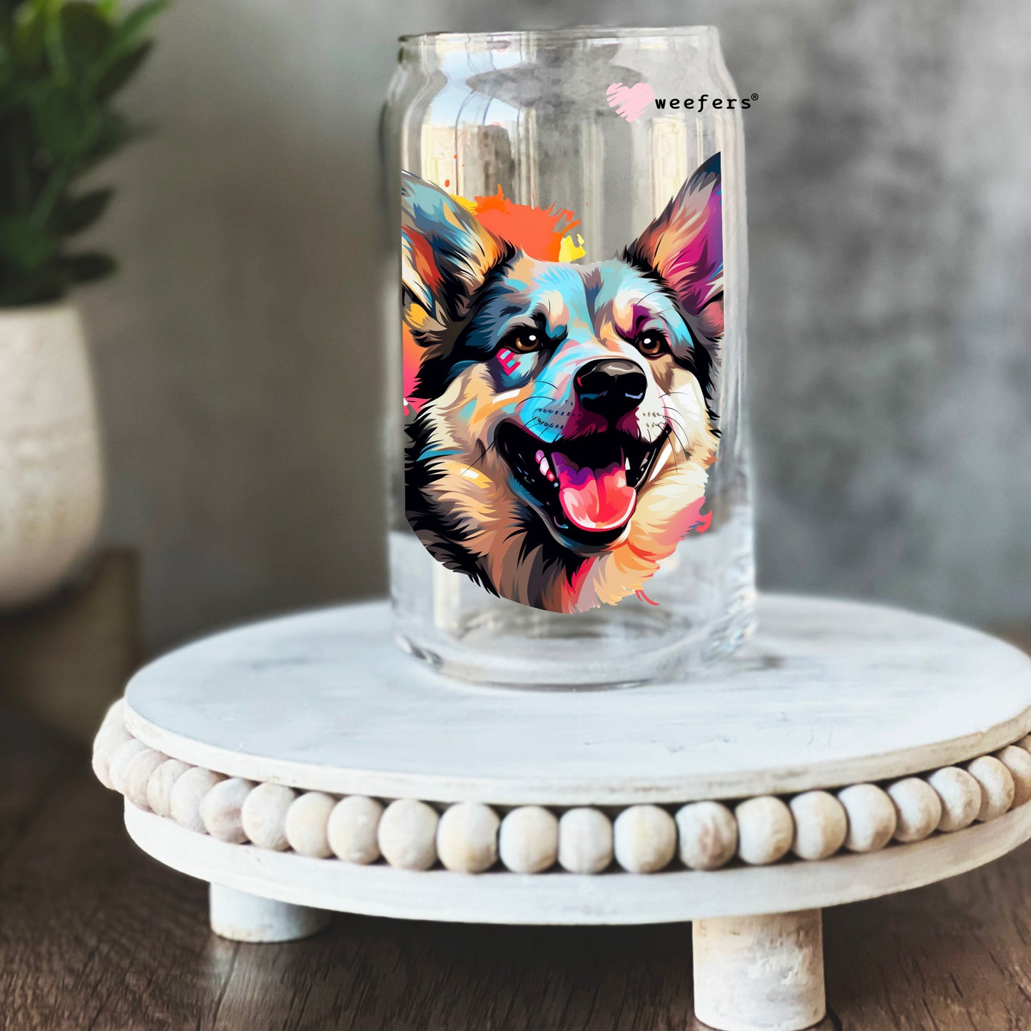 Italian Norwegian Elkhound Colorful Watercolor 16oz Libbey Glass Can UV DTF or Sublimation Wrap - Decal - Weefers