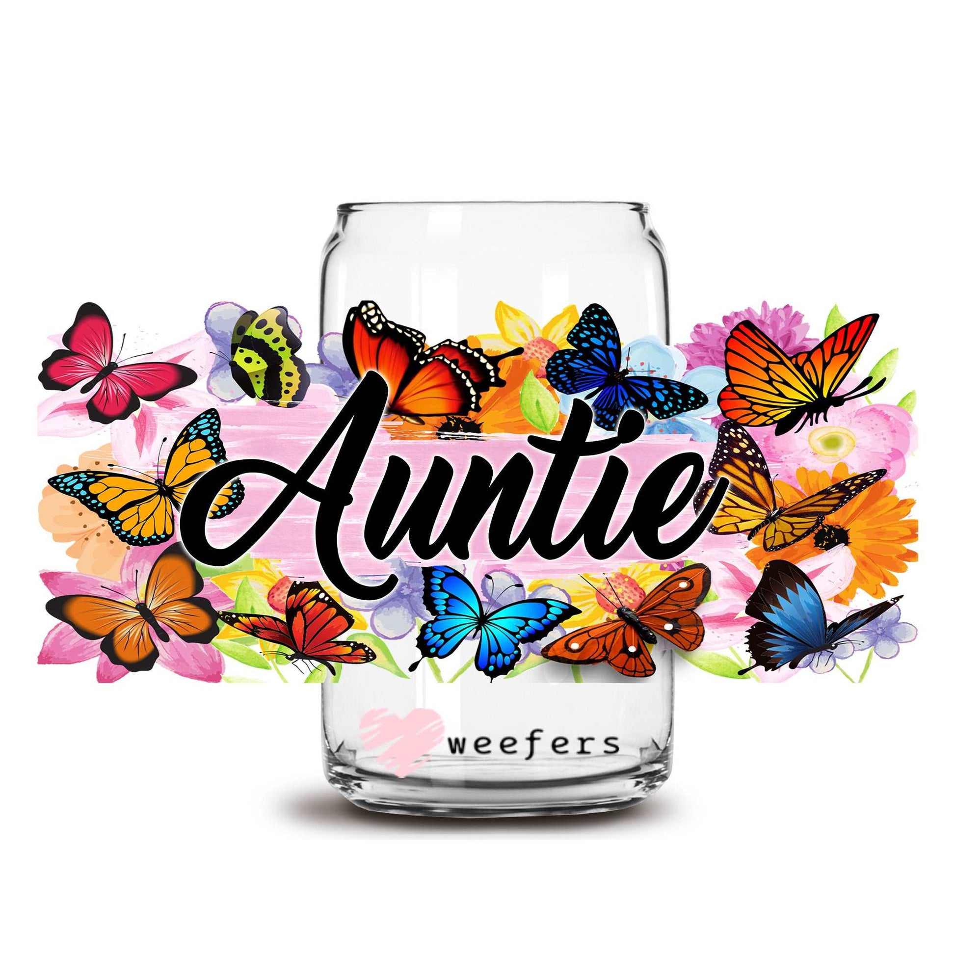 Auntie Colorful Butterflies 16oz Libbey Glass Can UV DTF or Sublimation Wrap Decal Transfer - Weefers