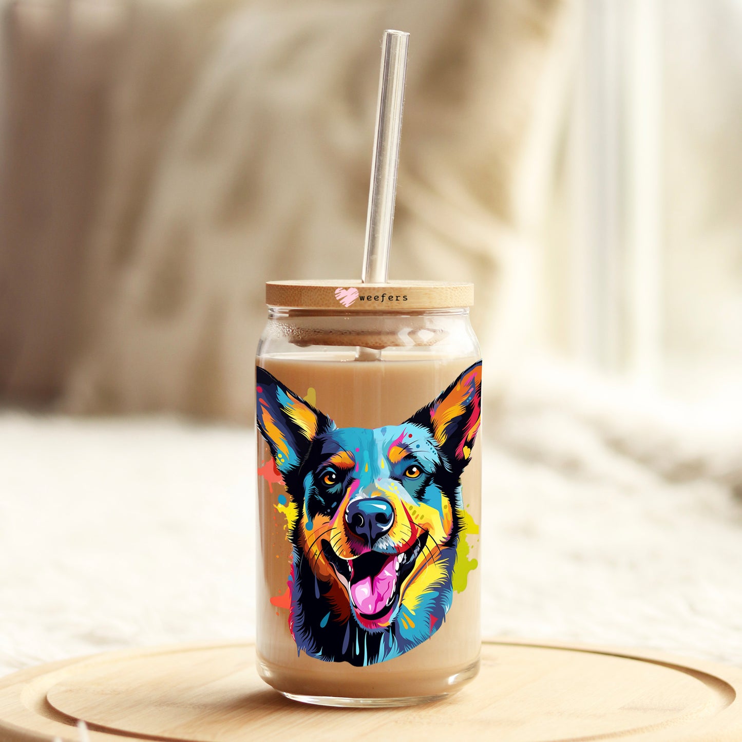 Australian Cattle Dog Colorful Watercolor 16oz Libbey Glass Can UV DTF or Sublimation Wrap - Decal - Weefers