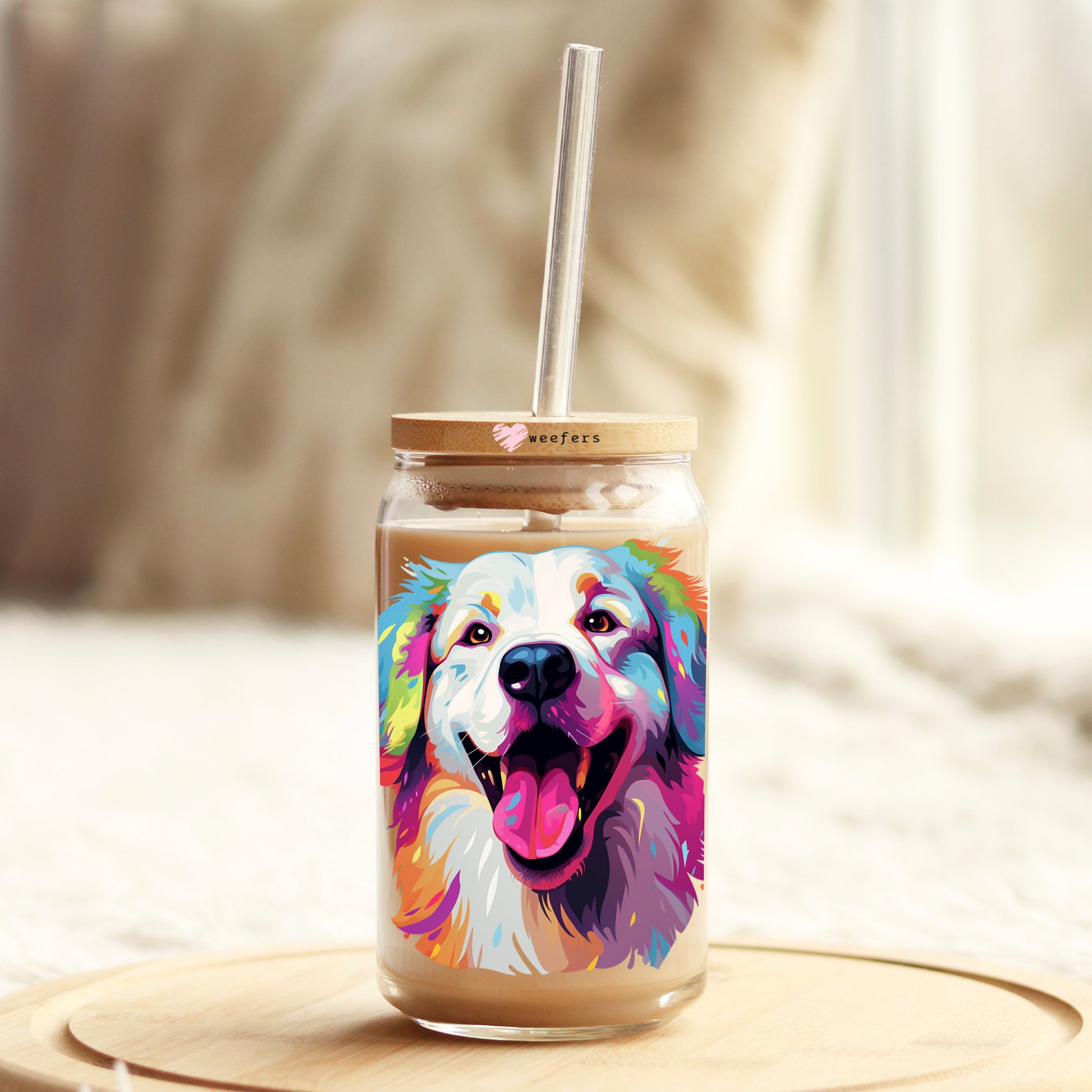 Great Pyrenees Colorful Watercolor 16oz Libbey Glass Can UV DTF or Sublimation Wrap - Decal - Weefers