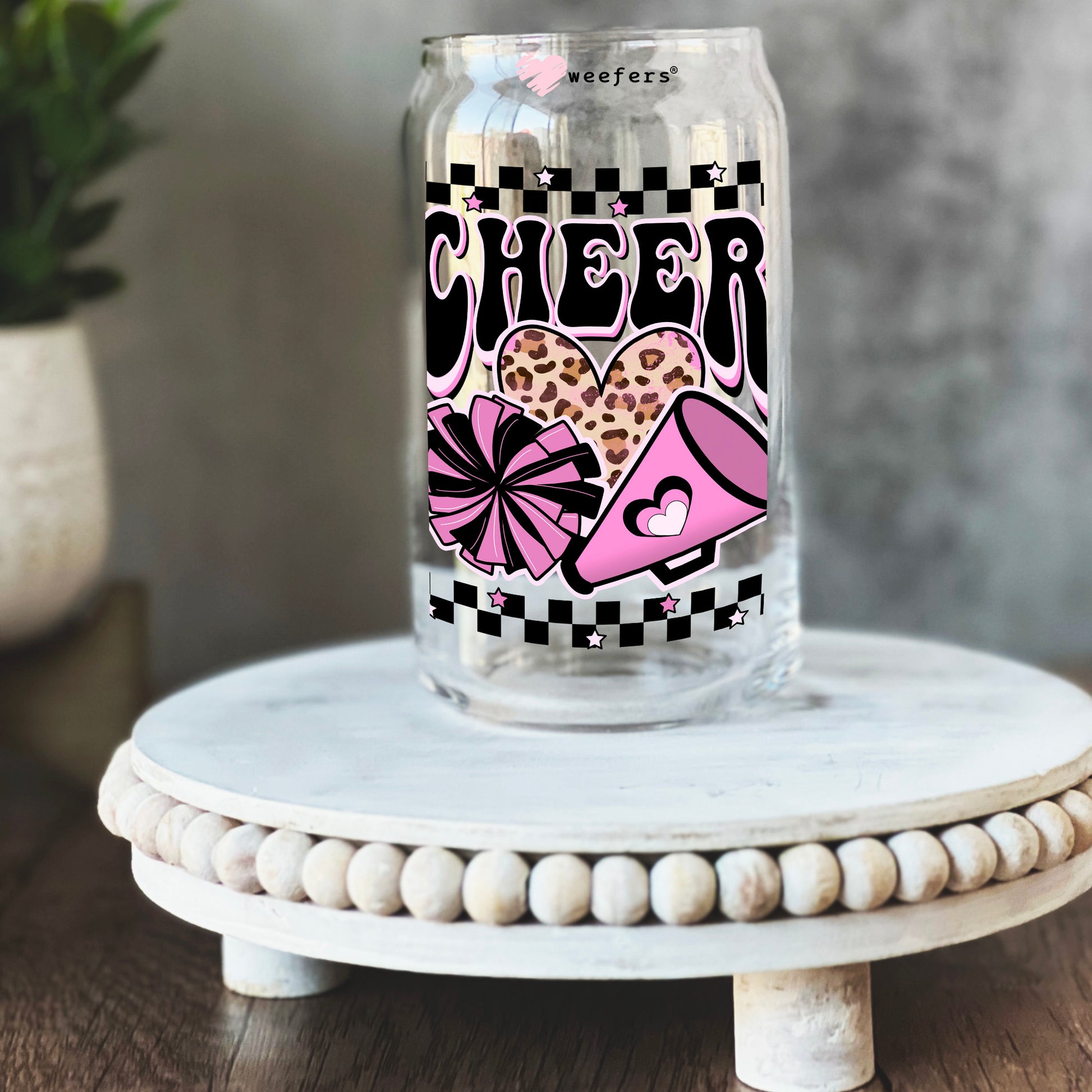 Cheer Pink and Black 16oz Libbey Glass Can UV DTF or Sublimation Wrap - Decal - Weefers