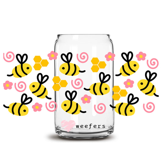 Whimsical Bumble bees 16oz Libbey Glass Can UV DTF or Sublimation Wrap - Transfer - Weefers