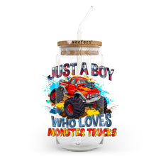 Load image into Gallery viewer, a glass jar with a straw in it that says just a boy who loves monster
