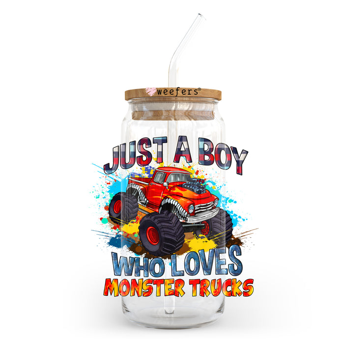 a glass jar with a straw in it that says just a boy who loves monster