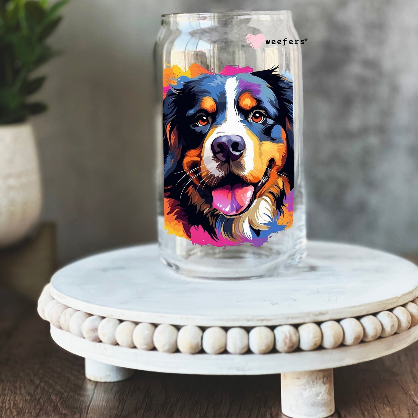 Bernese Mountain Dog Colorful Watercolor 16oz Libbey Glass Can UV DTF or Sublimation Wrap - Decal - Weefers