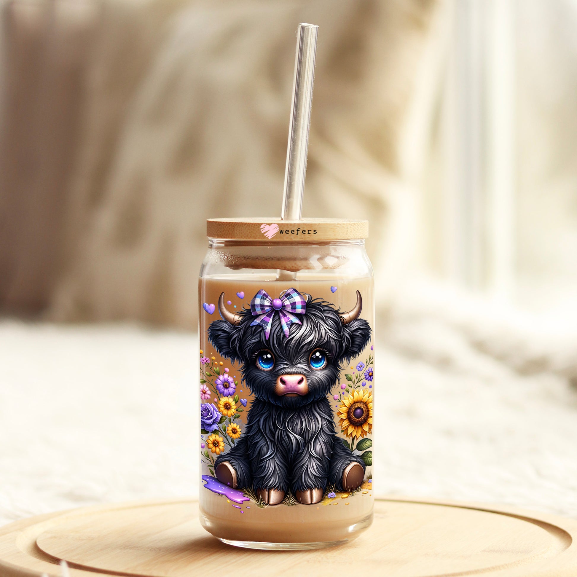 Baby Black Highlander Cow 16oz Libbey Glass Can UV DTF or Sublimation Decal Transfer - Weefers