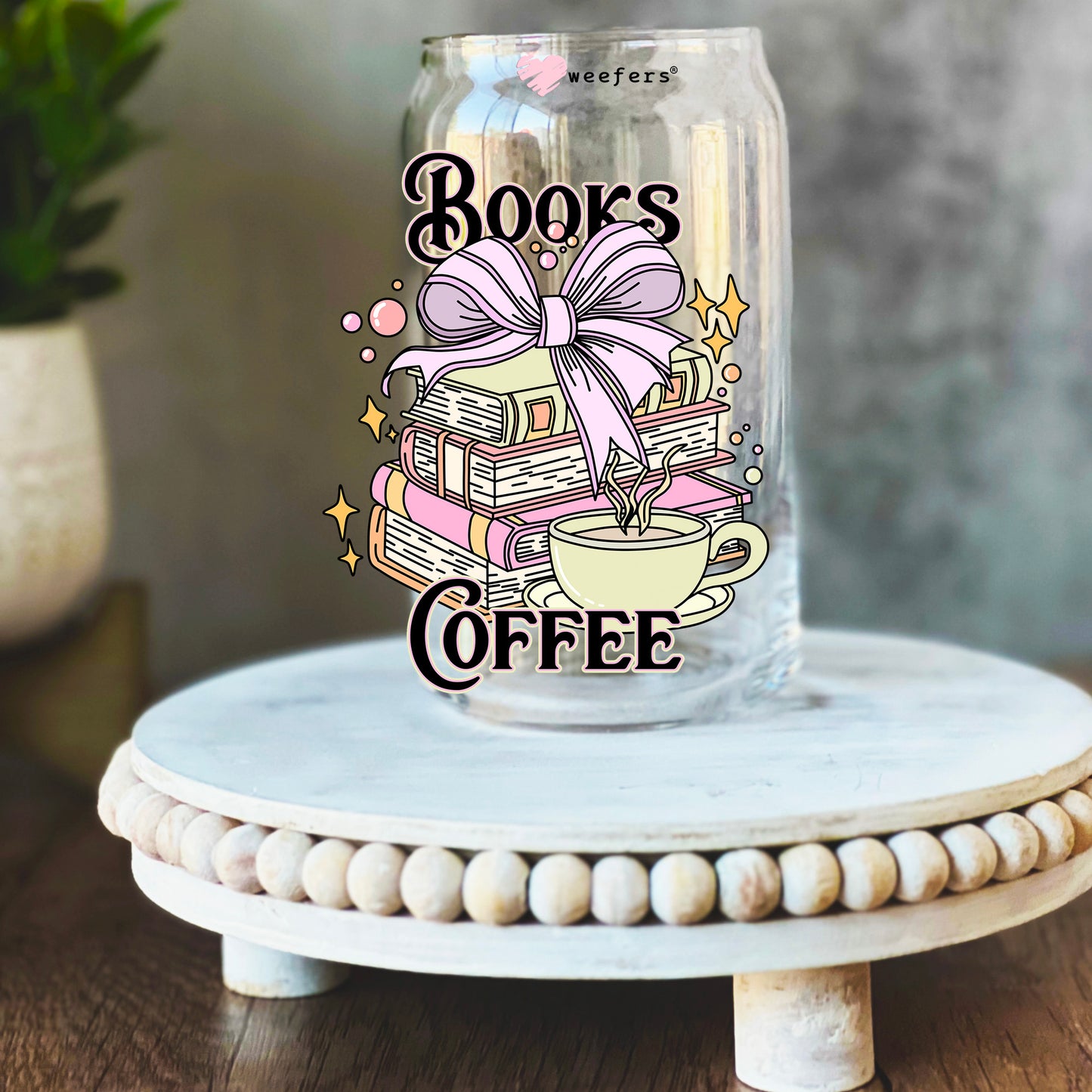 Books Coffee 16oz Libbey Glass Can UV DTF Decal Transfer - Weefers