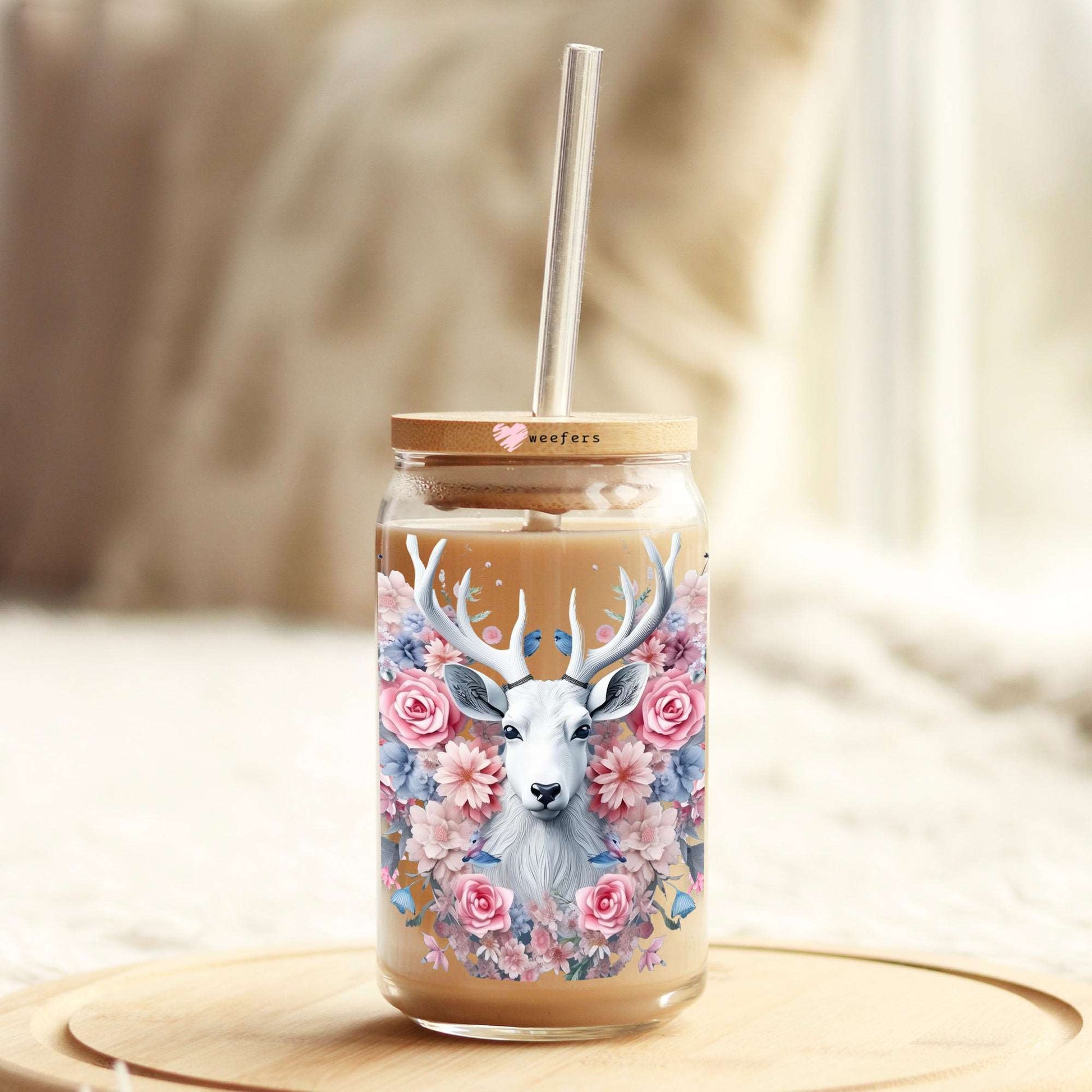 3D White Deer Floral 16oz Libbey Glass Can UV DTF or Sublimation Cup Wrap - Decal Transfer - Weefers