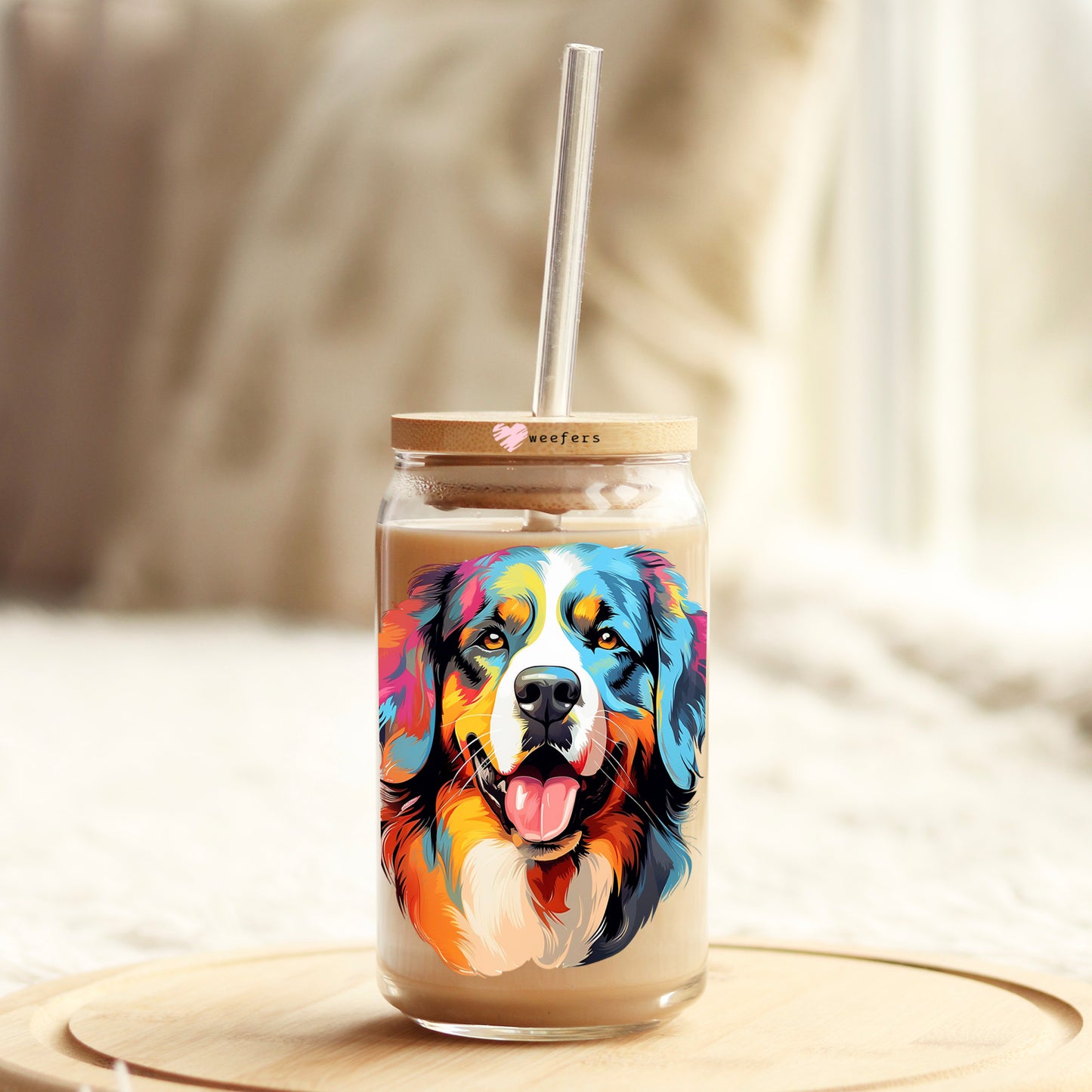 Saint Bernard Colorful Watercolor 16oz Libbey Glass Can UV DTF or Sublimation Wrap - Decal - Weefers