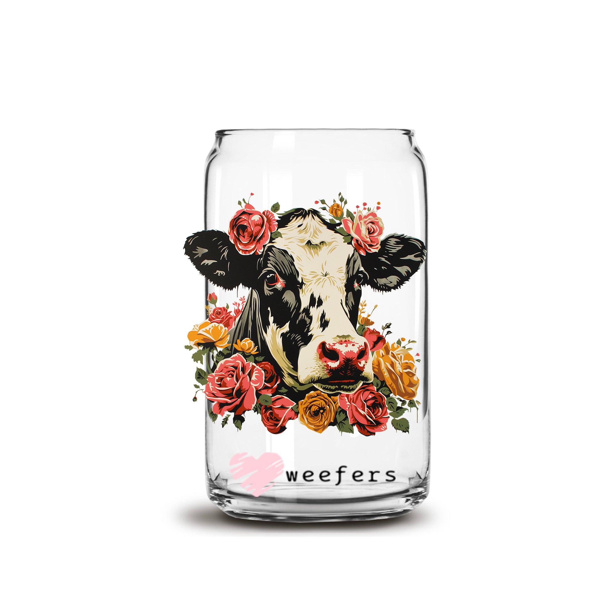 Vintage Floral Cow 16oz Libbey Glass Can UV DTF or Sublimation Wrap - Decal - Weefers