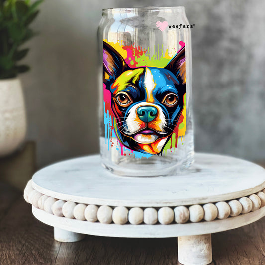 Boston Terrier Colorful Watercolor 16oz Libbey Glass Can UV DTF or Sublimation Wrap - Decal - Weefers