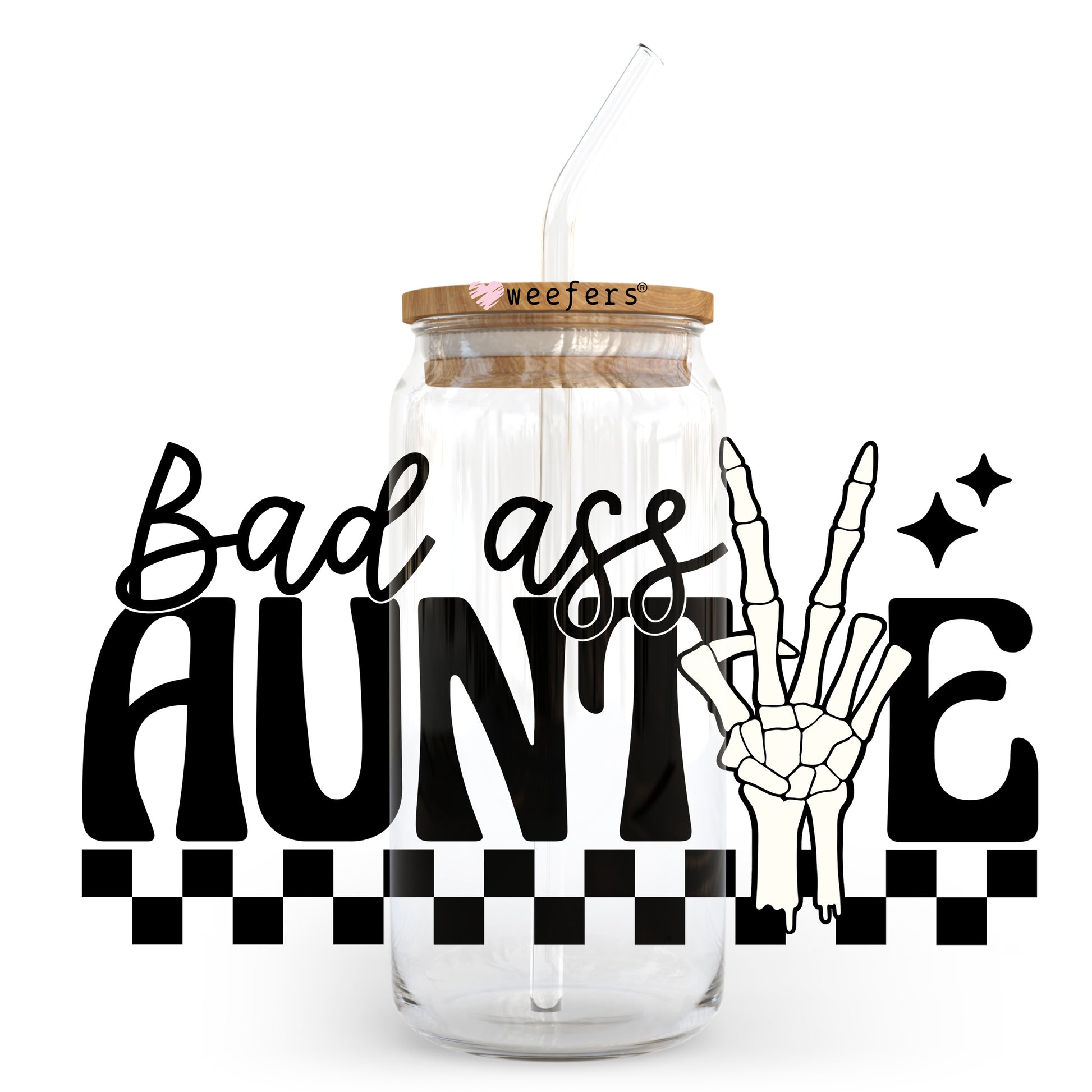 Bad Ass Auntie Black Checkered 20oz Libbey Glass Can UV DTF or Sublimation Wrap - Decal Transfer - Weefers