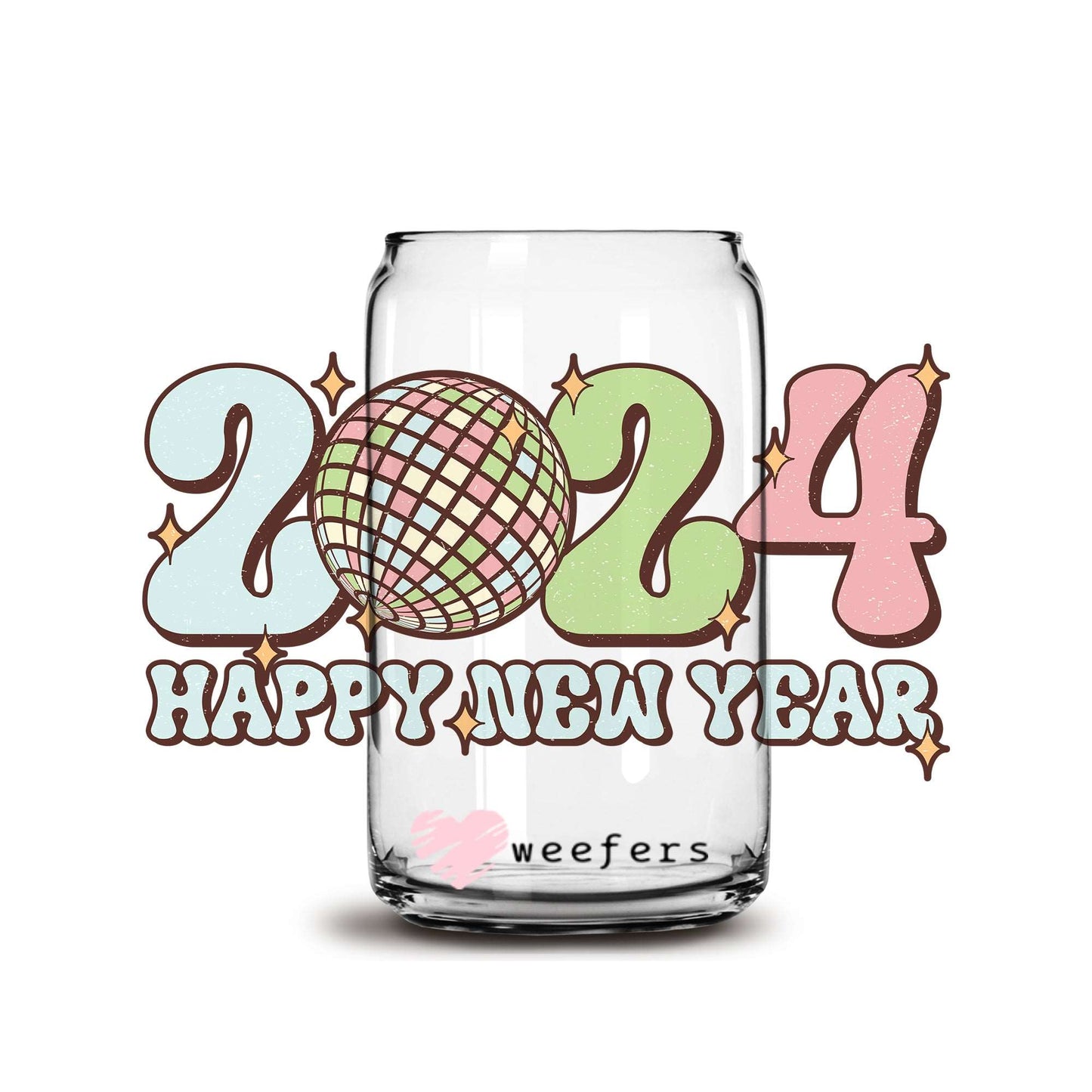 2024 New Year Disco Ball Pink and Green 16oz Libbey Glass Can UV DTF or Sublimation Cup Wrap - Decal Transfer - Weefers