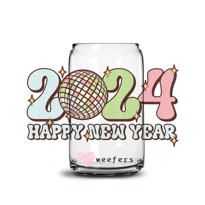 2024 New Year Disco Ball Pink and Green 16oz Libbey Glass Can UV DTF or Sublimation Cup Wrap - Decal Transfer - Weefers