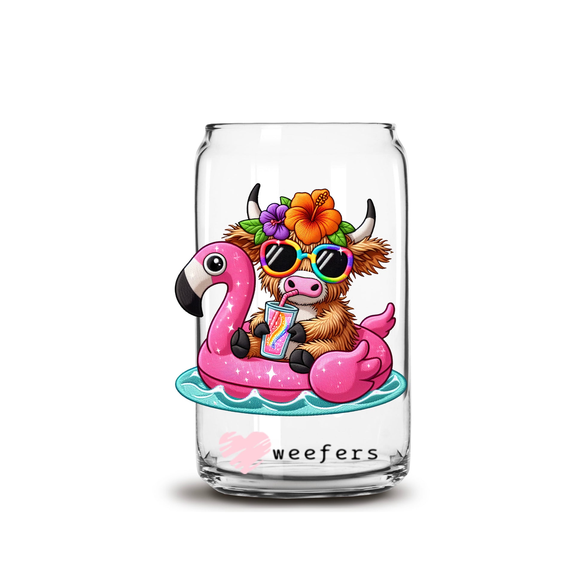 Vacay Highlander Cow Flamingo Floaty 16oz Libbey Glass Can UV DTF or Sublimation Decal - Transfer - Weefers