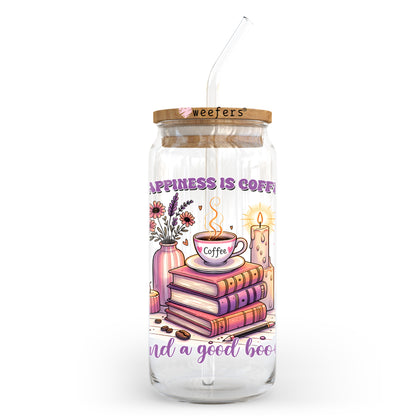 Happiness is Coffee and a good book 20oz Libbey Glass Can UV DTF or Sublimation Wrap - Decal Transfer - Weefers