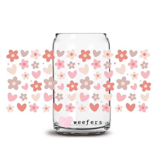 Hearts and Flowers 16oz Libbey Glass Can UV DTF or Sublimation Wrap - Decal - Weefers