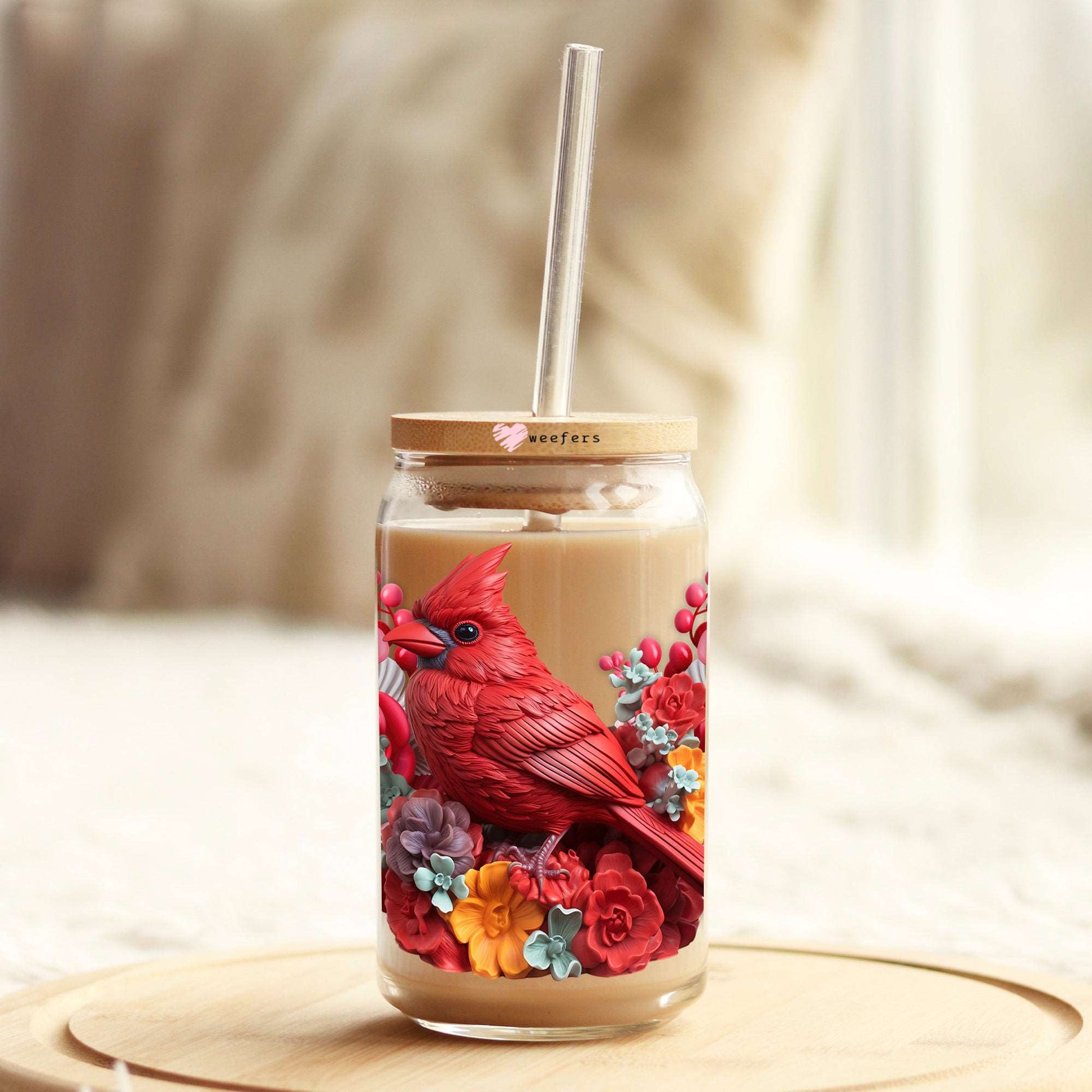 3D Red Cardinal Floral 16oz Libbey Glass Can UV DTF or Sublimation Cup Wrap - Decal Transfer - Weefers