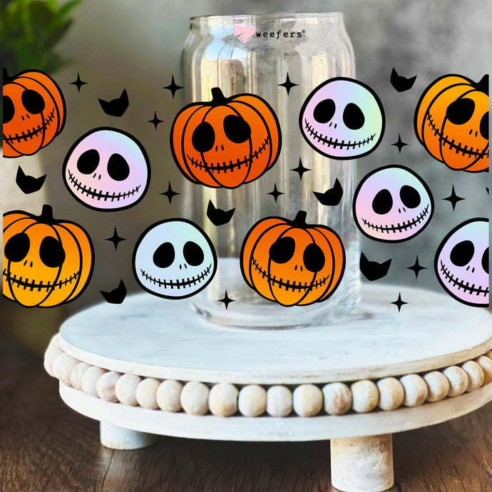 Gradient Skeleton and Pumpkin Heads 16oz Libbey Glass Can UV DTF or Sublimation Wrap Decal Transfer - Weefers