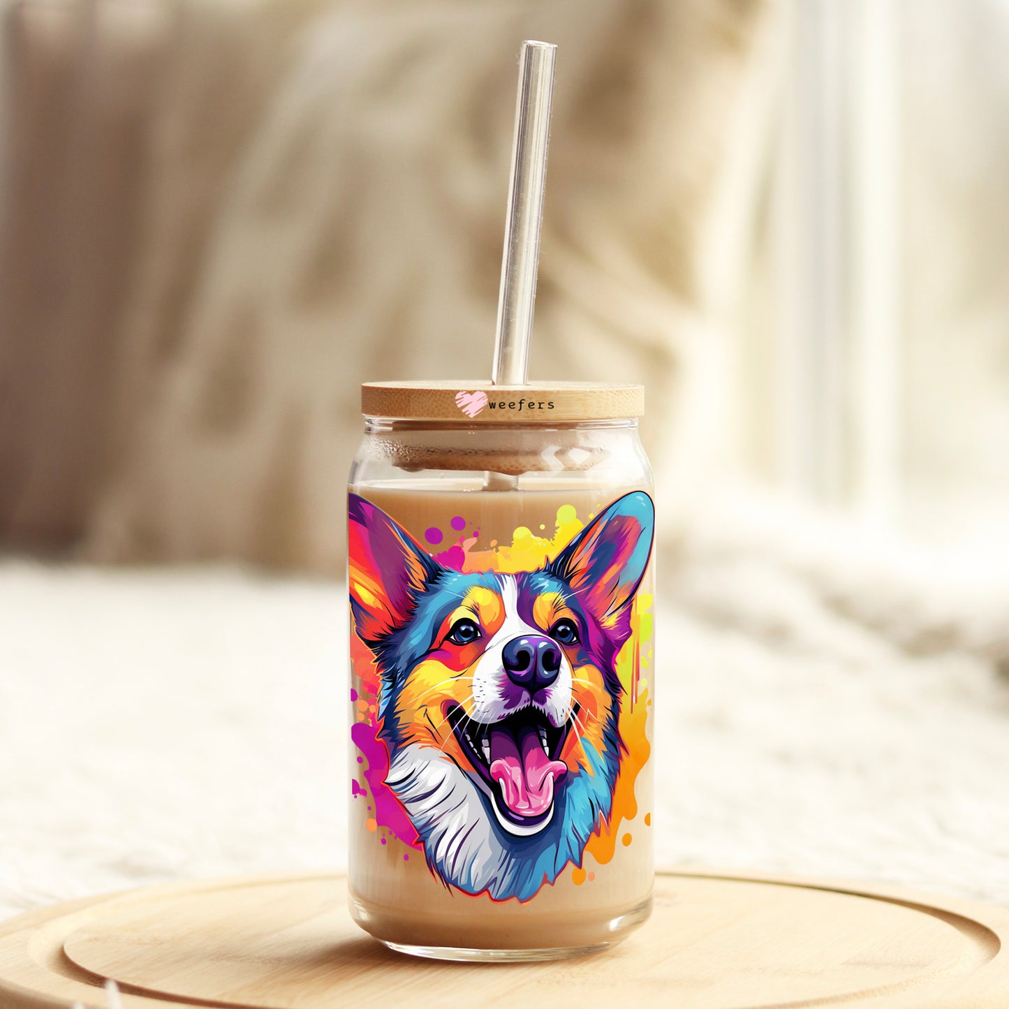 Corgi Colorful Watercolor 16oz Libbey Glass Can UV DTF or Sublimation Wrap - Decal - Weefers