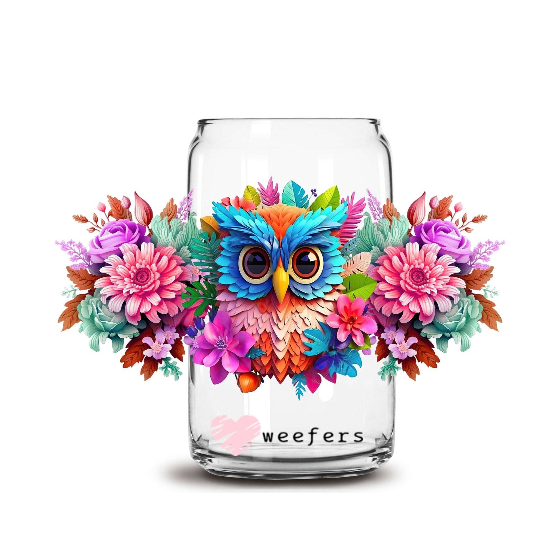 3D Owl Floral 16oz Libbey Glass Can UV DTF or Sublimation Cup Wrap - Decal Transfer - Weefers