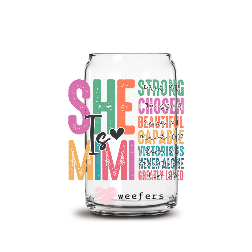 a glass jar with the words she and mimi printed on it