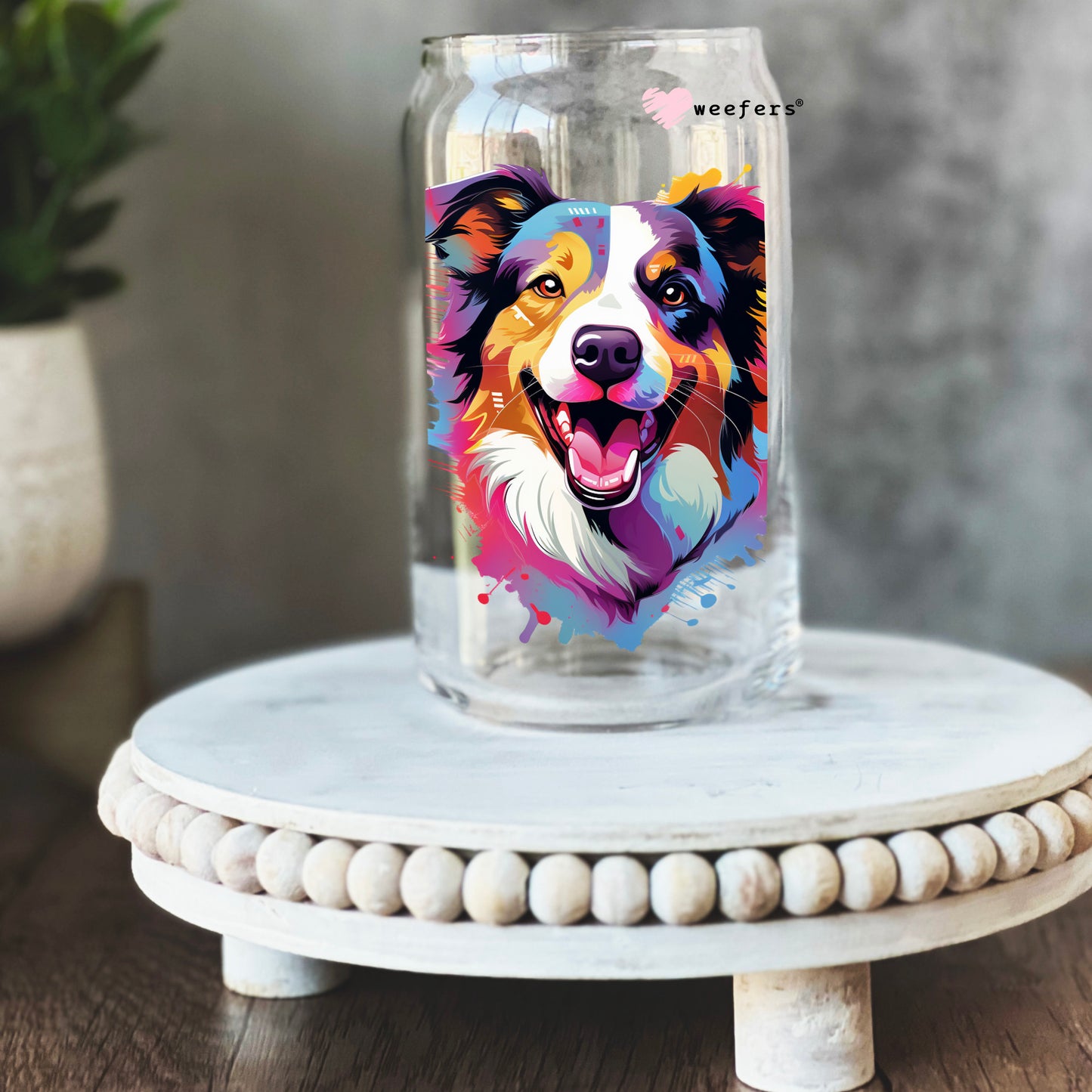 Border Collie Colorful Watercolor 16oz Libbey Glass Can UV DTF or Sublimation Wrap - Decal - Weefers