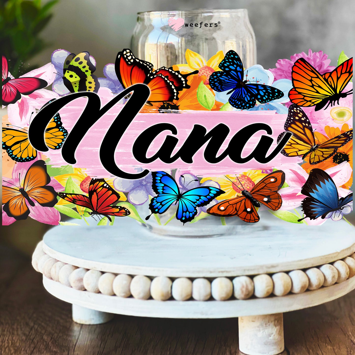 Nana Colorful Butterflies 16oz Libbey Glass Can UV DTF or Sublimation Wrap Decal Transfer - Weefers