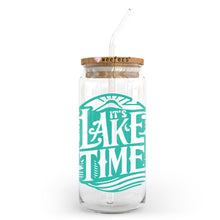 Load image into Gallery viewer, a glass jar with a straw in it that says it&#39;s lake time
